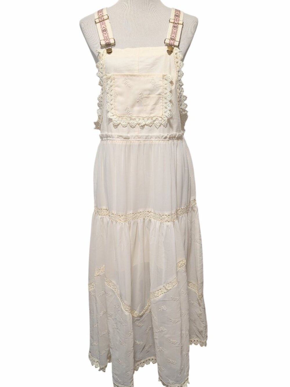 Ebossy Womens NWT Size XS Ivory Overall Embroidered Bib Chiffon Lace Maxi Dress